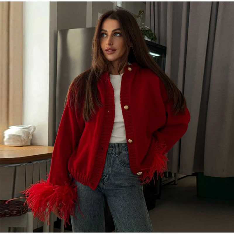 Women's Short Red Cardigan Sweater