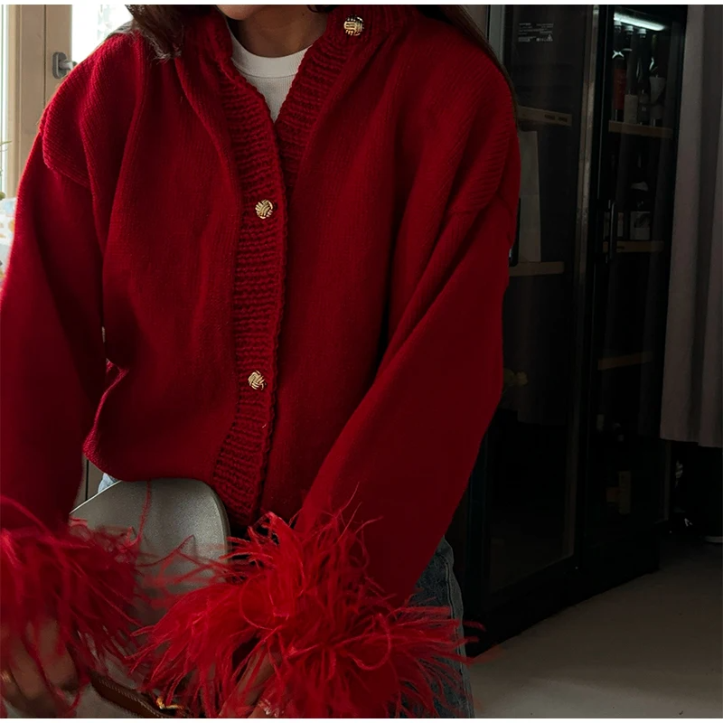 Women's Short Red Cardigan Sweater