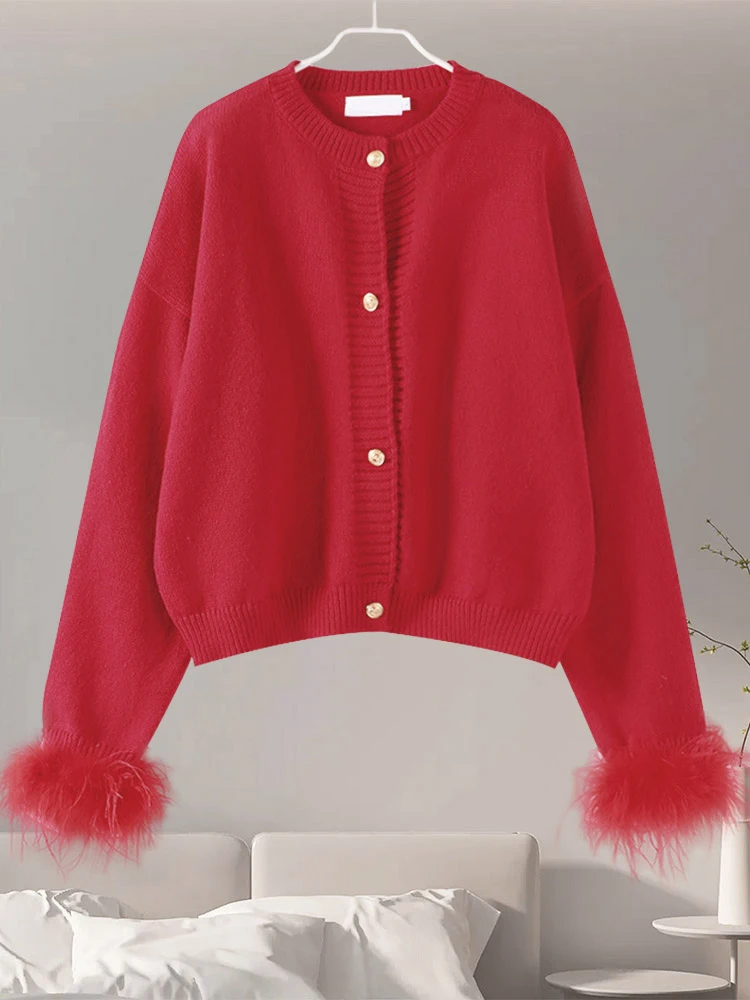 Women's Short Red Cardigan Sweater